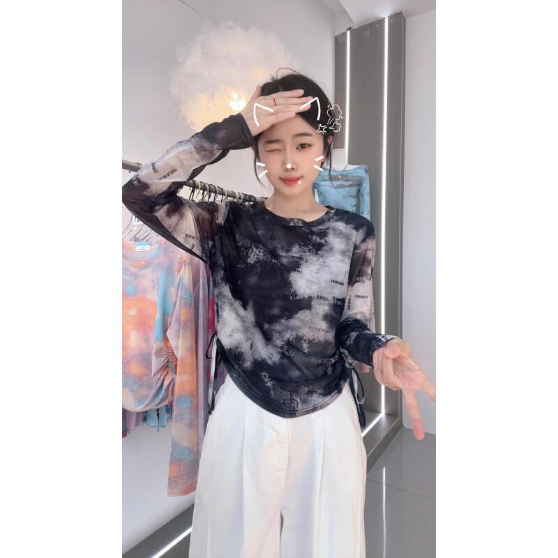 编号-034 扎染晕染网纱衣长袖t恤女外搭上衣