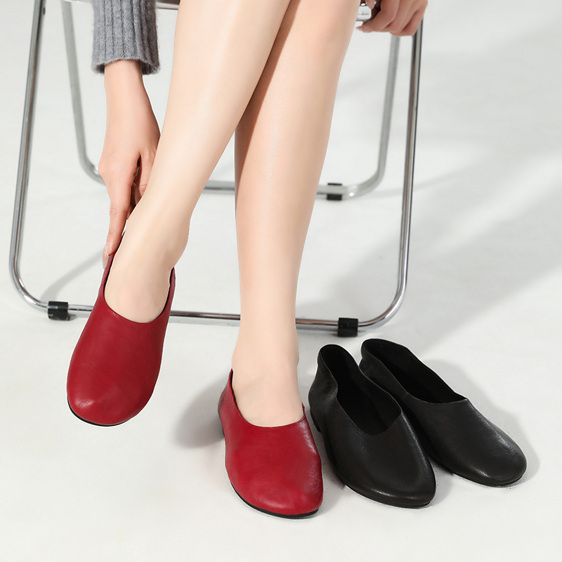 头层牛皮日系浅口低帮鞋一脚蹬圆头单鞋真皮软底软面平底羊皮女鞋