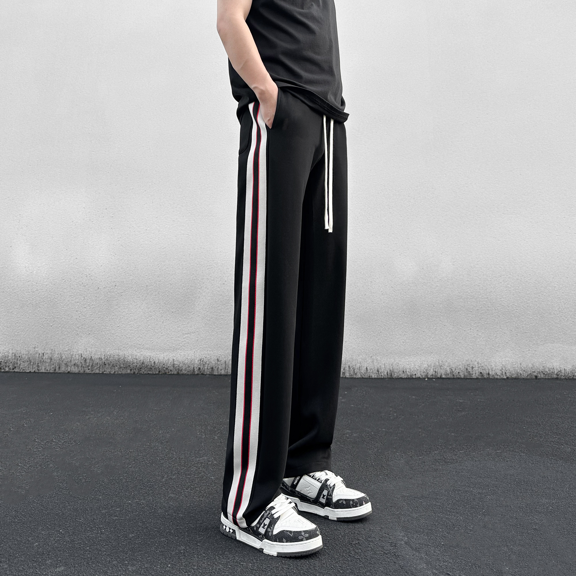 秋冬款潮流垂感卫裤子男士百搭条纹大码直筒运动宽松高街休闲长裤