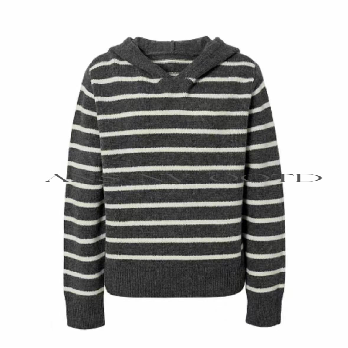 【MM商场服饰】女装2025冬季新款时尚休闲条纹宽松连帽针织衫2271