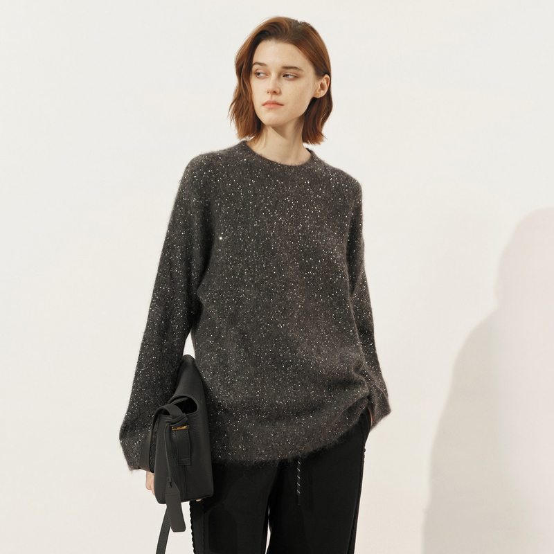 U/TI灰色亮片毛衣女冬季新款宽松显瘦上衣闪钻设计百搭圆领针织衫