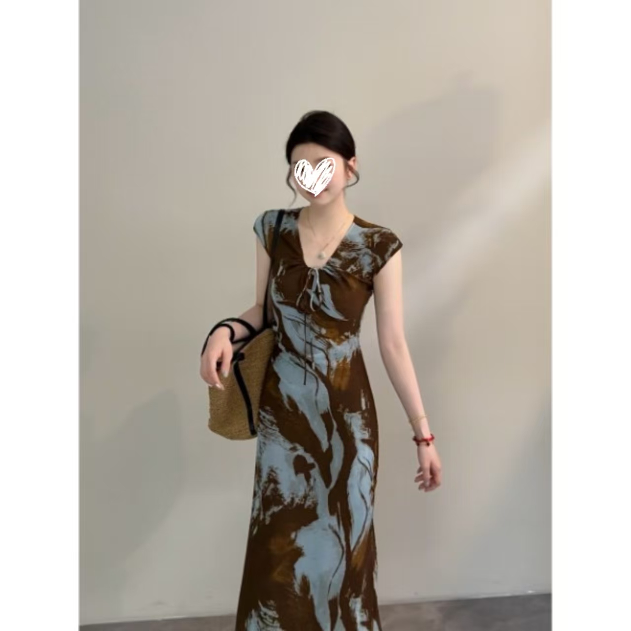姆斯~夏季优雅风晕染抽绳V领绑带修身显瘦连衣裙裙子