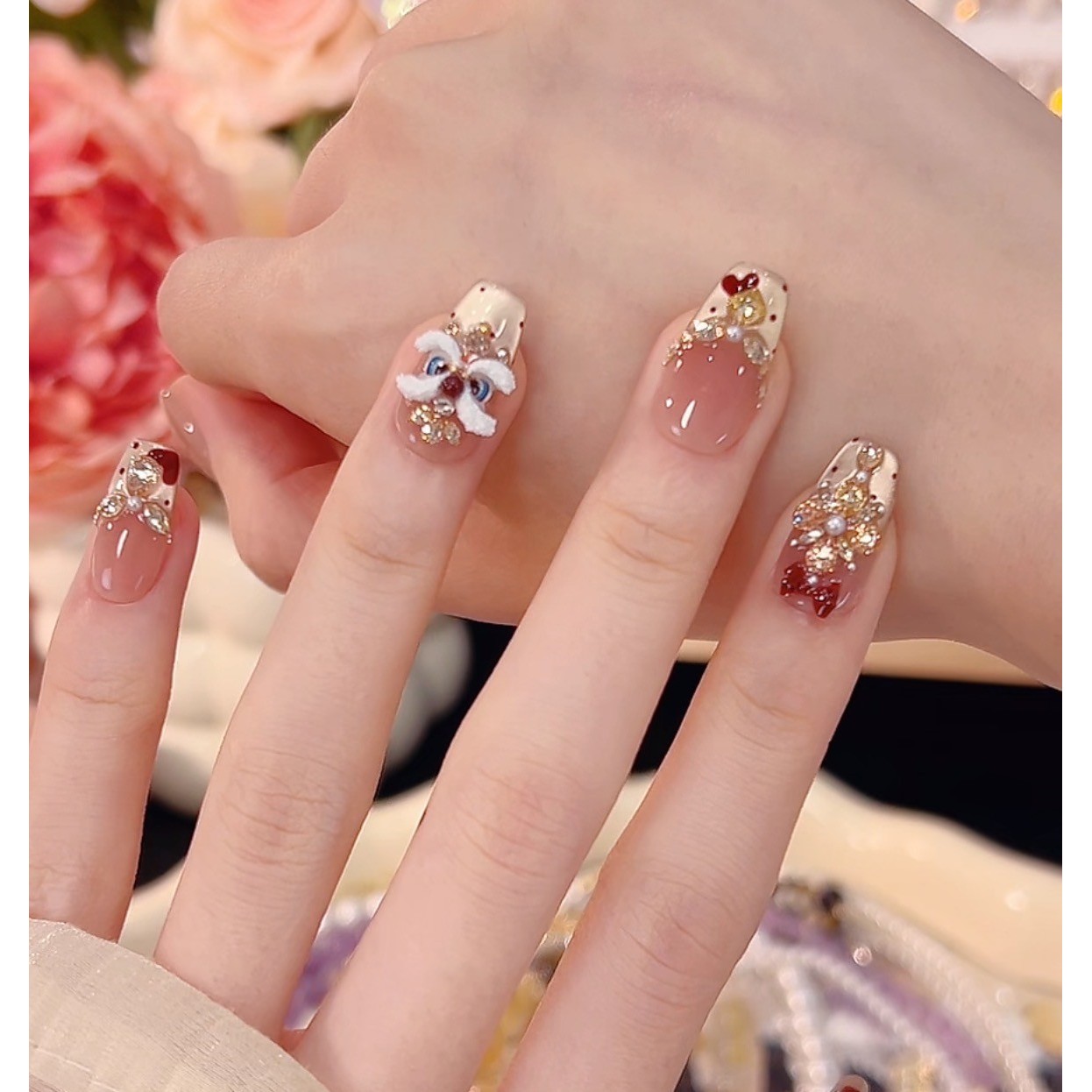 【醒狮踏春】手工猫眼穿戴甲美甲贴片可拆卸指甲贴片10片装