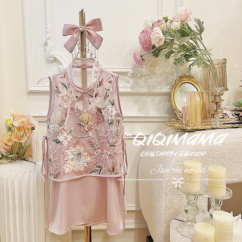 【QI奇妈】女童中国风马甲新中式儿童女宝精致童装套装Q0666