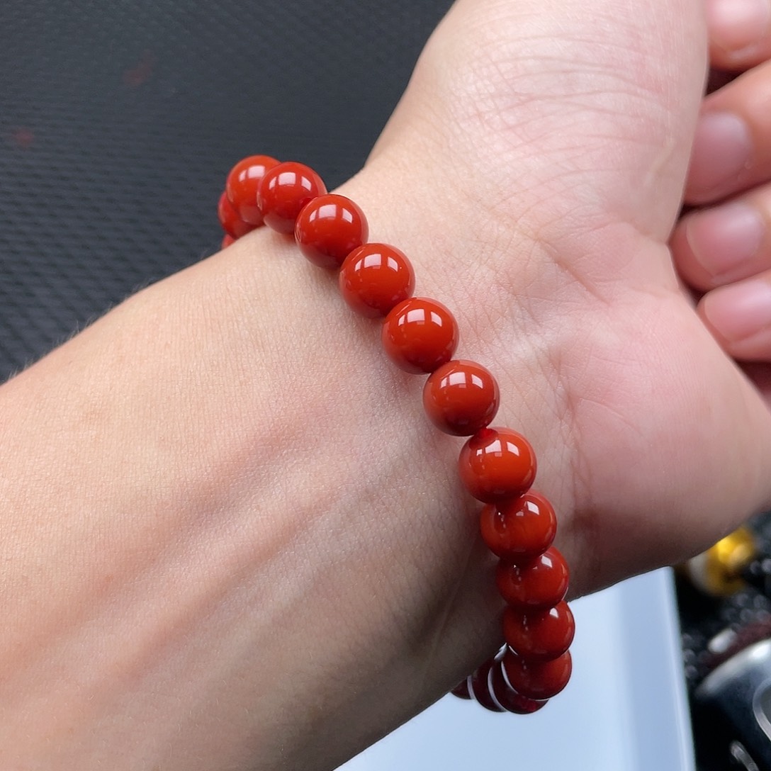 南红玛瑙8mm柿子红圆珠手链整串23颗未镶嵌