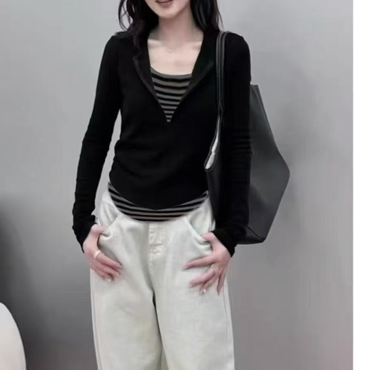 【珊珊服饰】秋季新款假两件条纹显瘦套头T