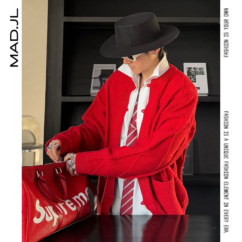 Mad秋冬设计师品牌【定制色纱新年红】麦穗针织阔版中山装毛衣男女