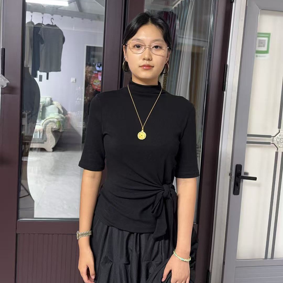 高领轻职风不对称女束身针织T恤时尚气质网红百搭