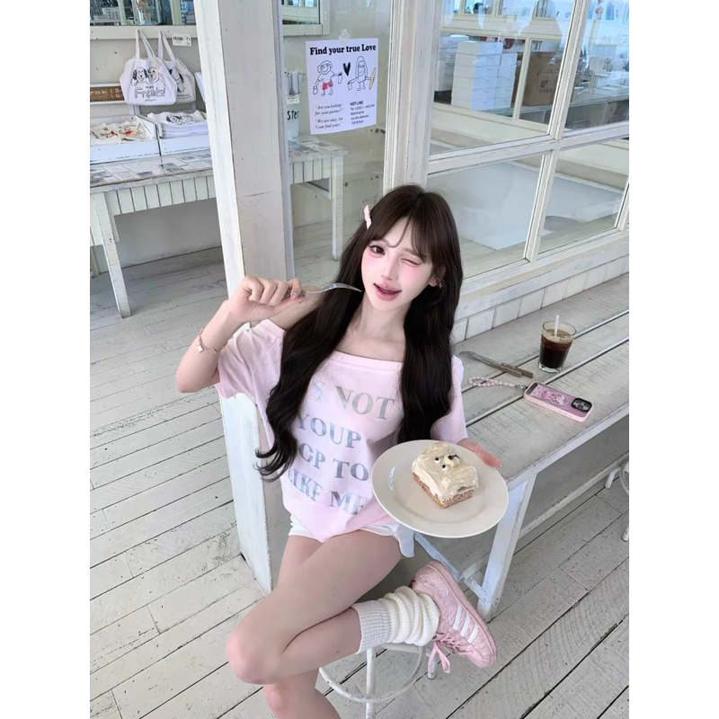 【ZHAP】短款斜肩短袖纯色2025新款多巴胺t恤女夏季宽松小清新可爱