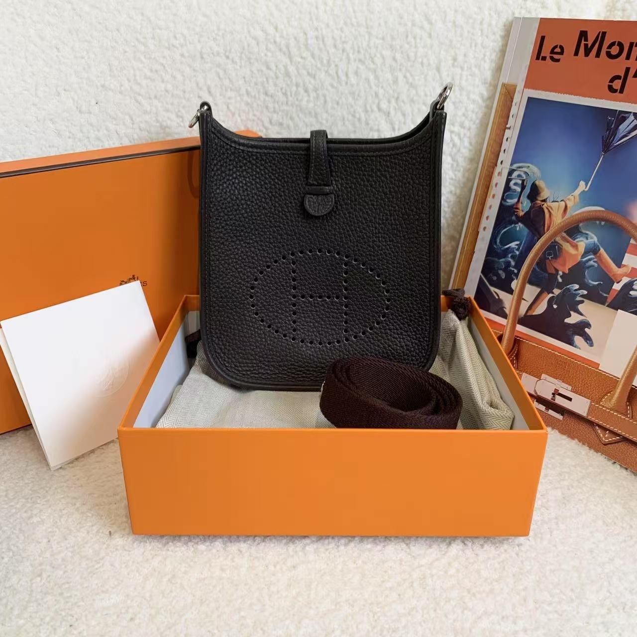 99新 Hermes/爱马仕 壹臻/乌木色银扣mini伊芙琳包Z刻tc 84913480