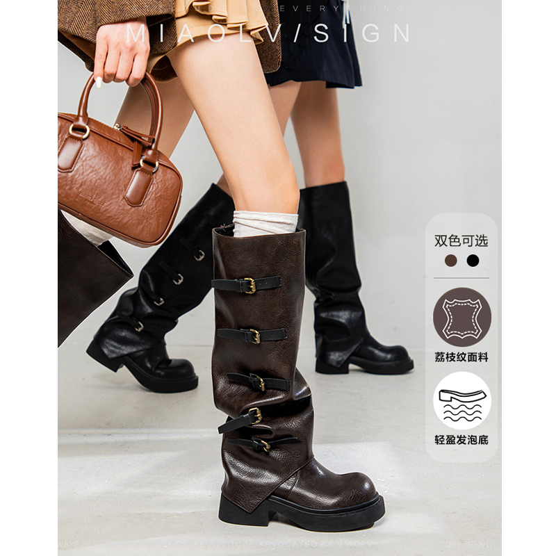 美拉德长靴秋冬季复古堆堆靴靴子女款爆款厚底高筒骑士长筒裤管靴