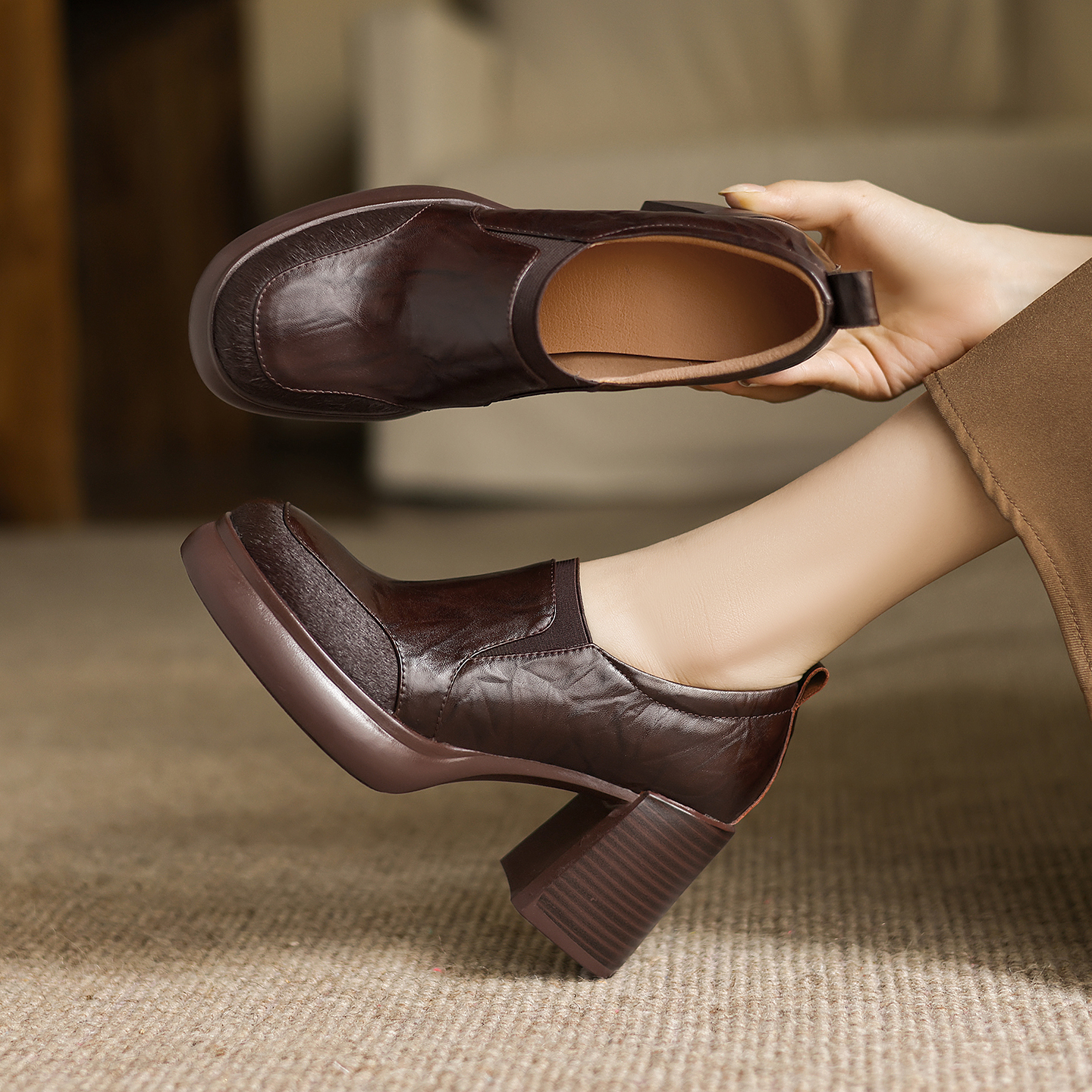 【星小帅】7.5厘米/牛皮/厚底增高单鞋粗跟休闲高跟失序混搭风1519