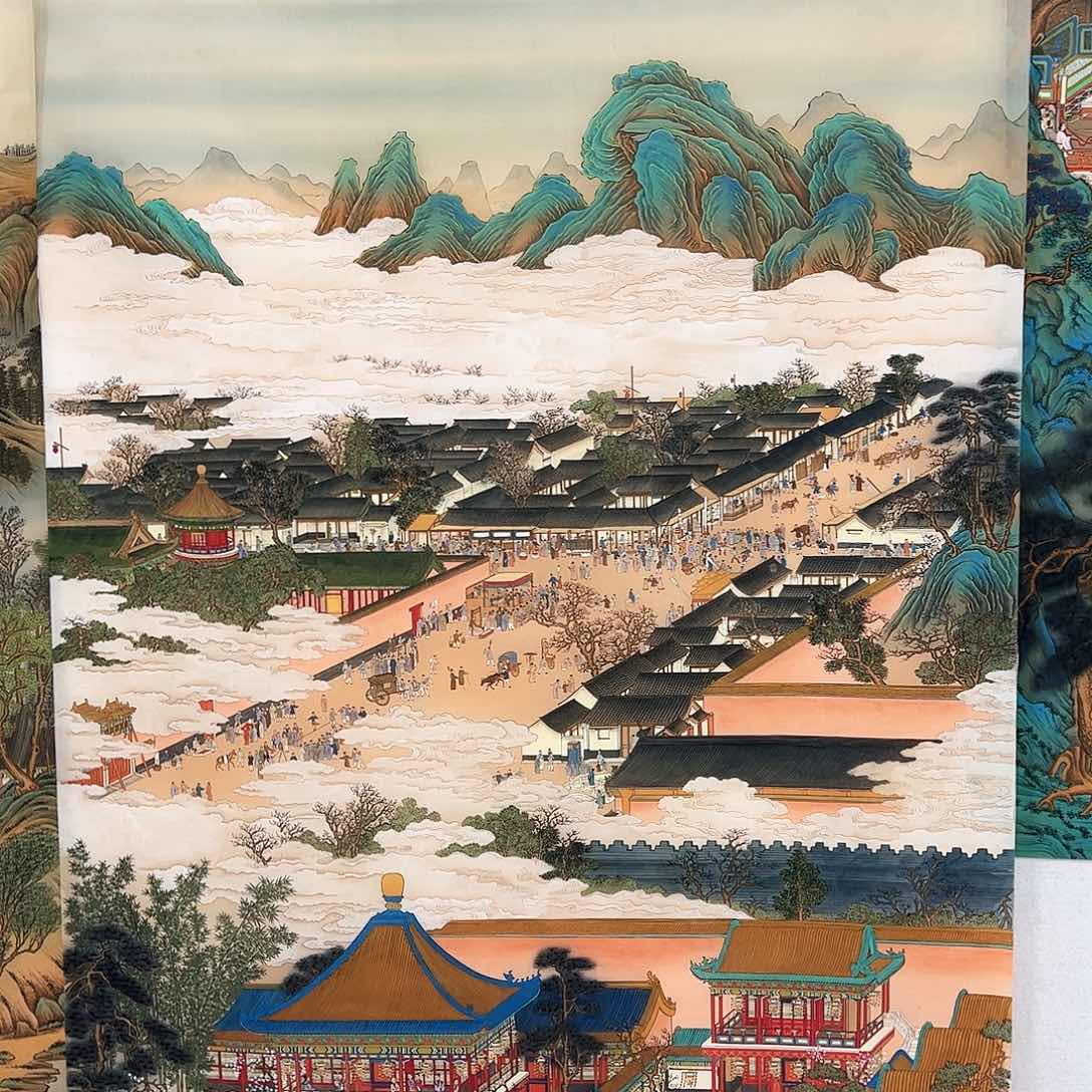 国画w***r工笔山水绢本宫庭画