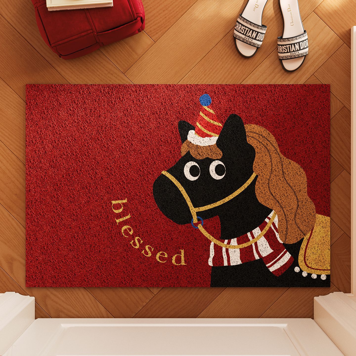 马年地垫入户门垫玄关换鞋区防滑垫刮泥除尘脚垫红色pvc丝圈地垫