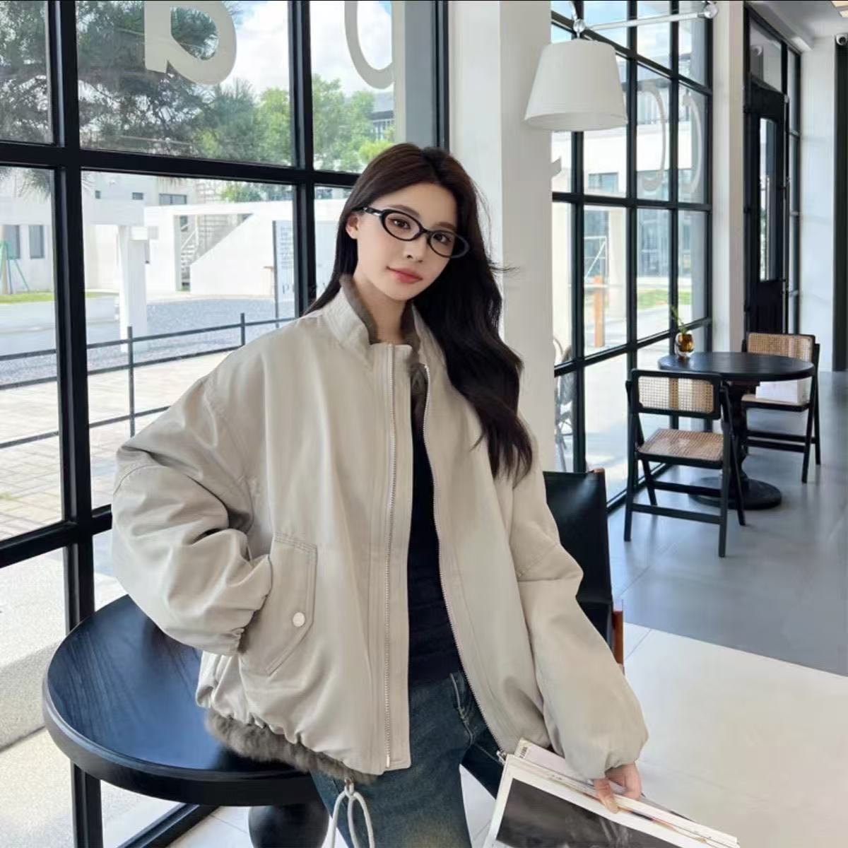 新款兔毛两面穿慵懒风宽松立领时尚派克服冬季外套