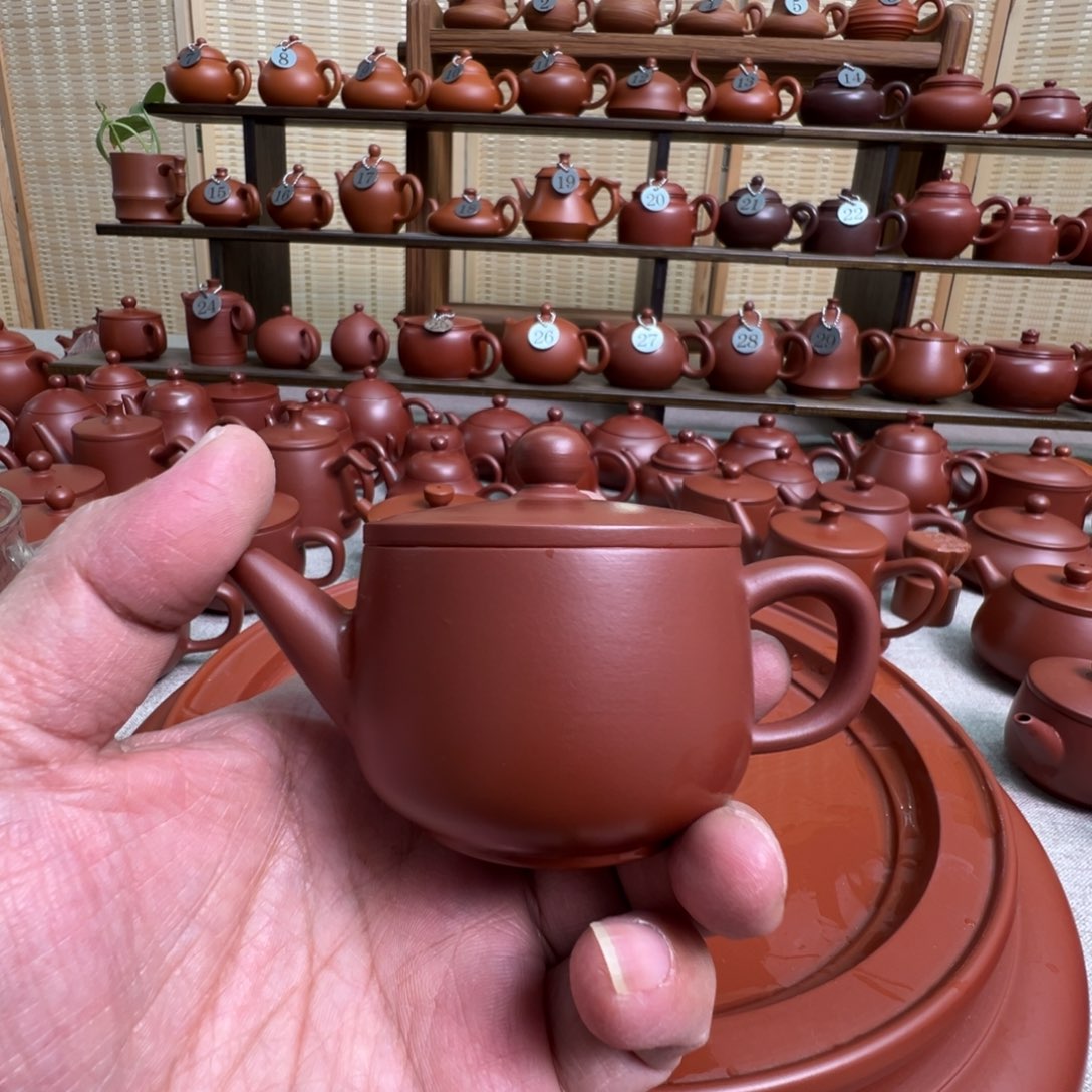 圈***圈茶壶紫砂潮州手拉朱泥汉瓦壶