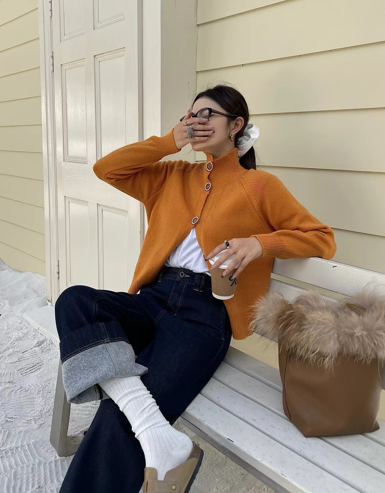 宽松气质阔腿裤高腰藏青色牛仔裤时尚百搭加绒显瘦D015