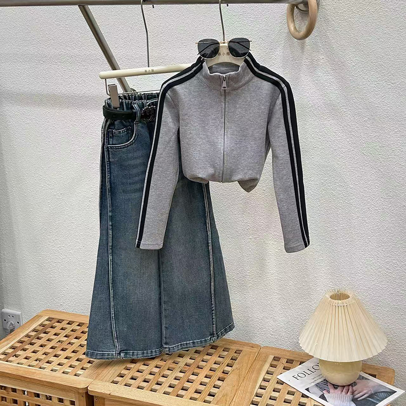 女童秋季套装2025新款儿童阔腿牛仔裤两件套时髦女孩大童洋气童装