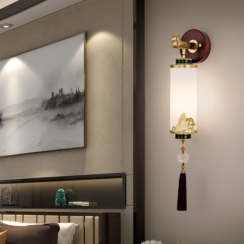 新中式实木壁灯全铜大气长条客厅背景墙灯轻奢中国风卧室床头灯