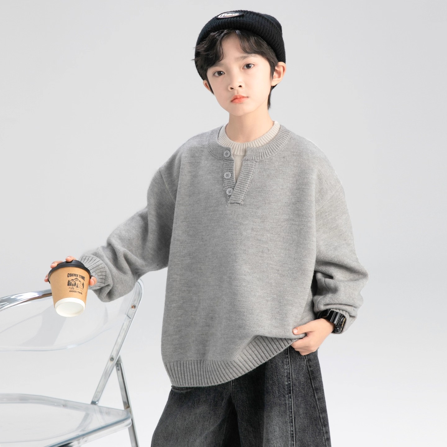 【拾亿】男童秋装假两件毛衣新款秋季上衣中大童儿童男孩春秋款痞帅