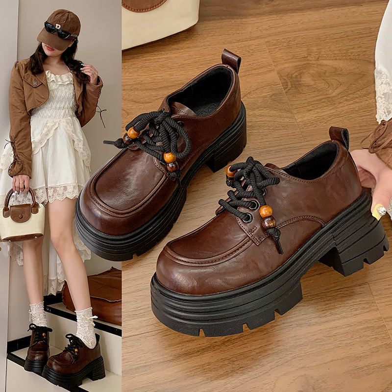 时髦英伦风厚底乐福鞋女秋季2025年新款真皮粗跟系带休闲单鞋5826