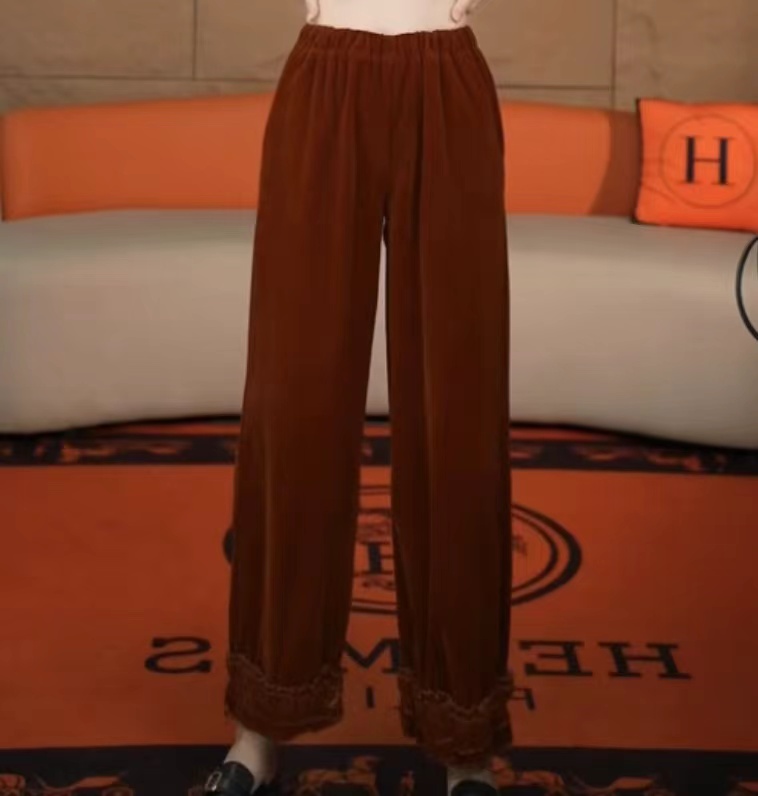 1122【安言服饰】INS风直筒裤木耳边休闲裤复古丝绒长裤休闲松紧腰