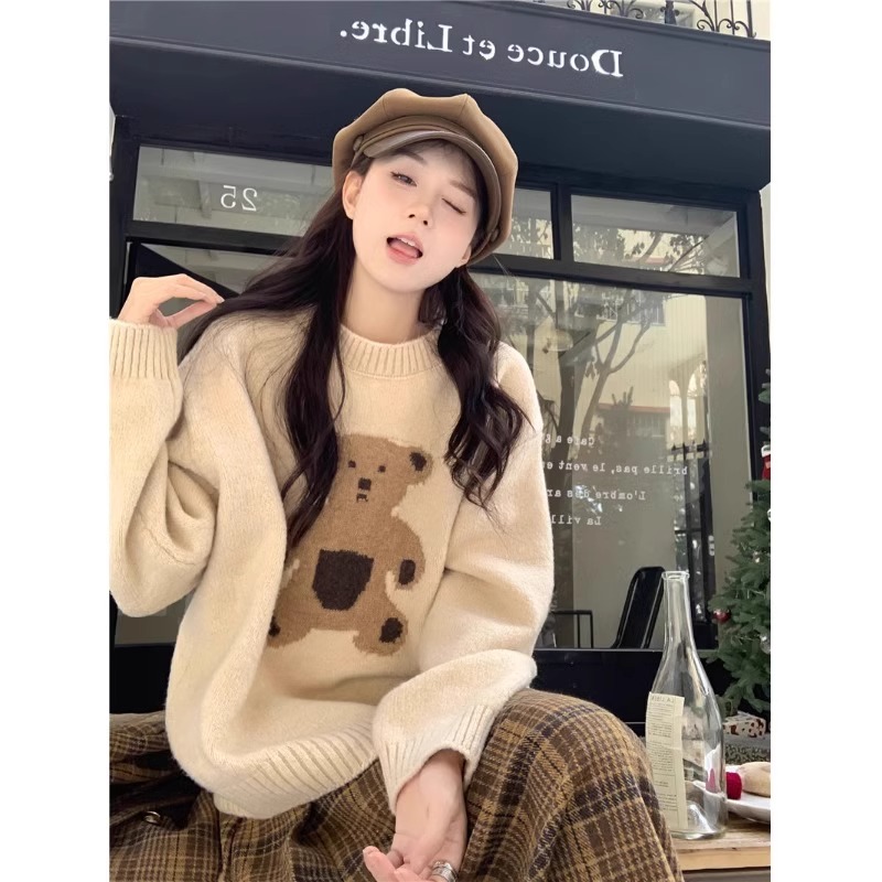 学院风卡通小熊针织毛衣女春秋大码胖妹妹遮肉显瘦软糯打底衫上衣