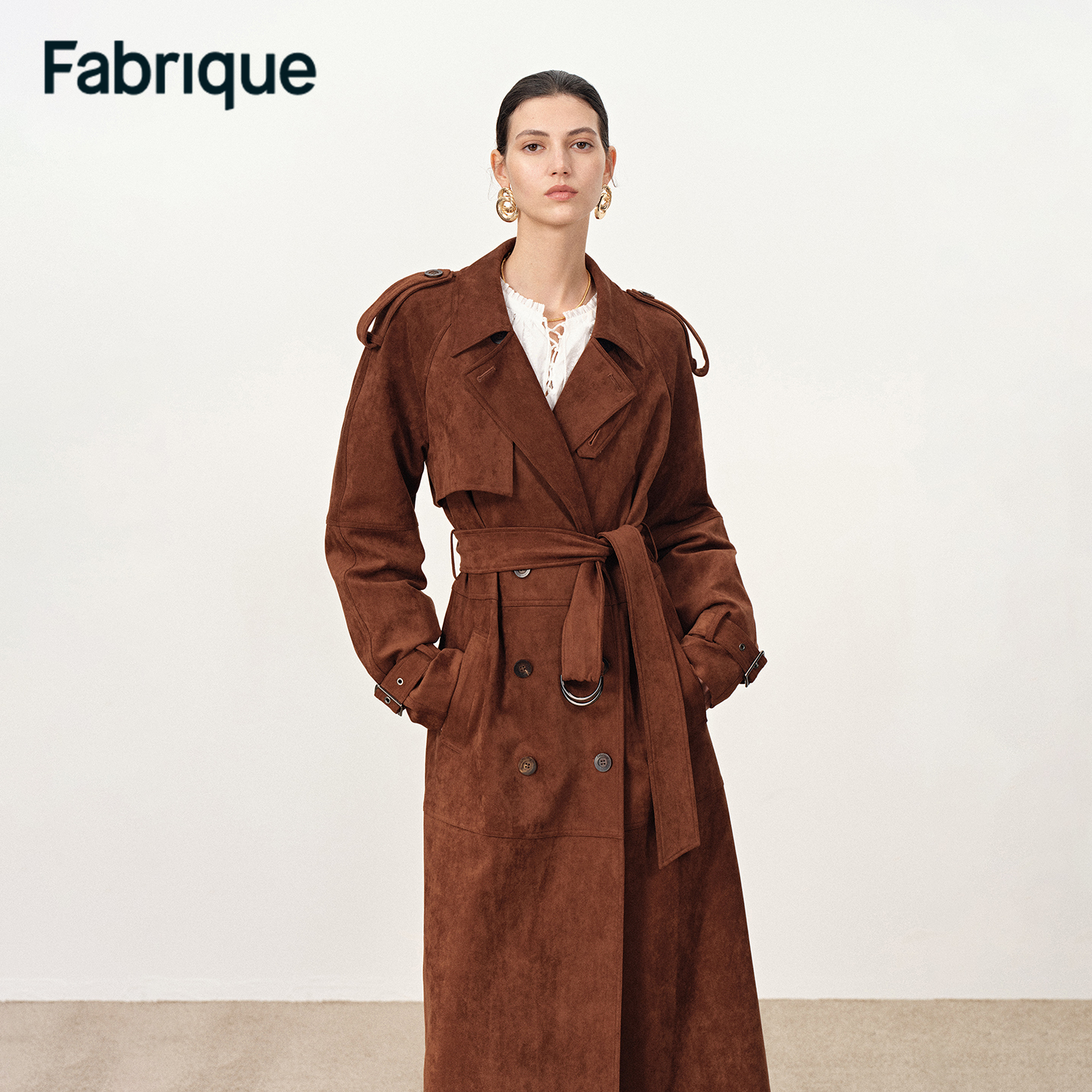 Fabrique Tilda【肉桂拿铁】秋冬重磅仿麂皮绒双排扣配腰带长款风衣