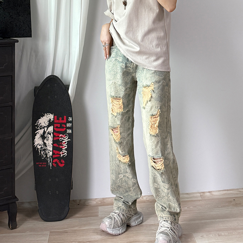 提花夏季定制腰果花潮牌男士牛仔裤破洞宽松春夏男士直筒裤子美式