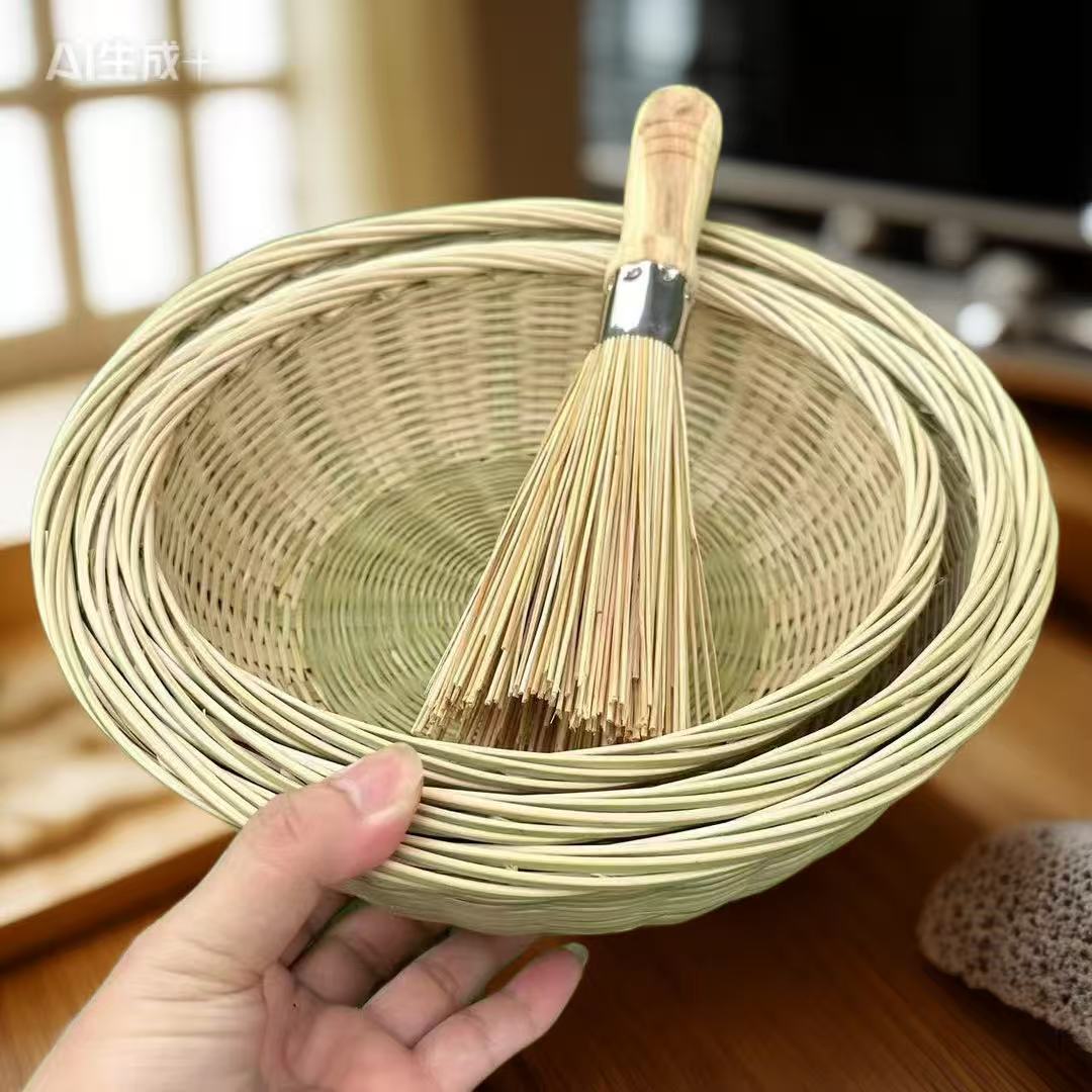 T 竹青款手工编织青丝篮馒头筐收纳筐三件套22-25-27cm（送刷子）