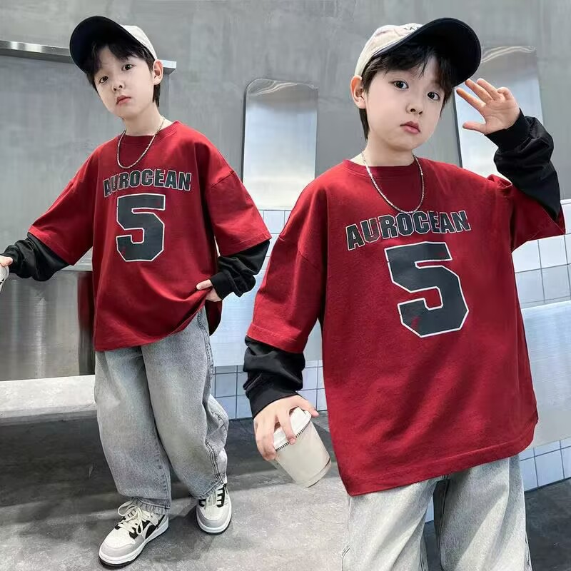 男童假两件春秋2025新款潮儿童秋装衣服男孩红色上衣秋季帅气