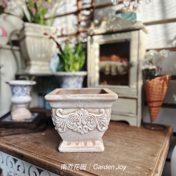 【南乔花园】粗陶欧式陶艺复古做旧花盆高脚奖杯方盆花园杂货陶盆