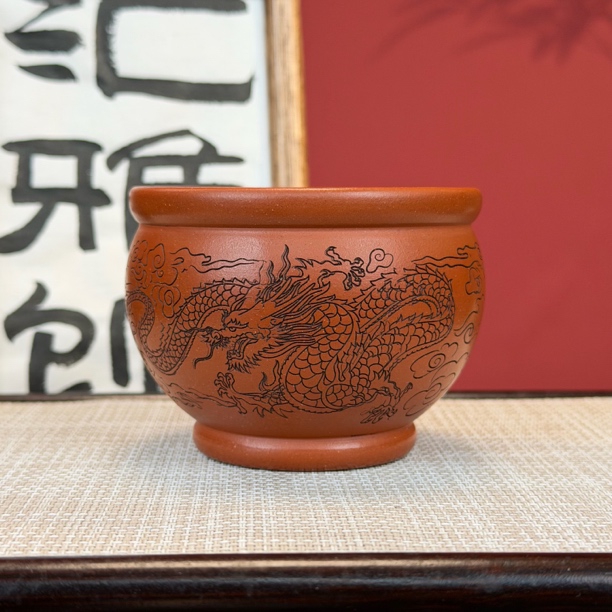 宜兴原矿紫砂降坡泥主人杯刻绘腾龙大容量品茗杯泡茶杯家用茶器