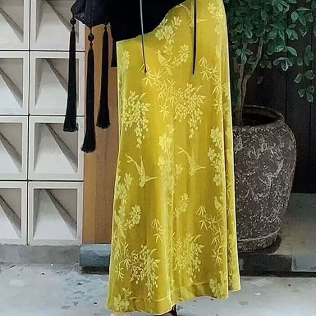 25新轻国风竹叶印花浮朵秋冬复古精致显瘦雕花真丝绒弹力半裙百搭