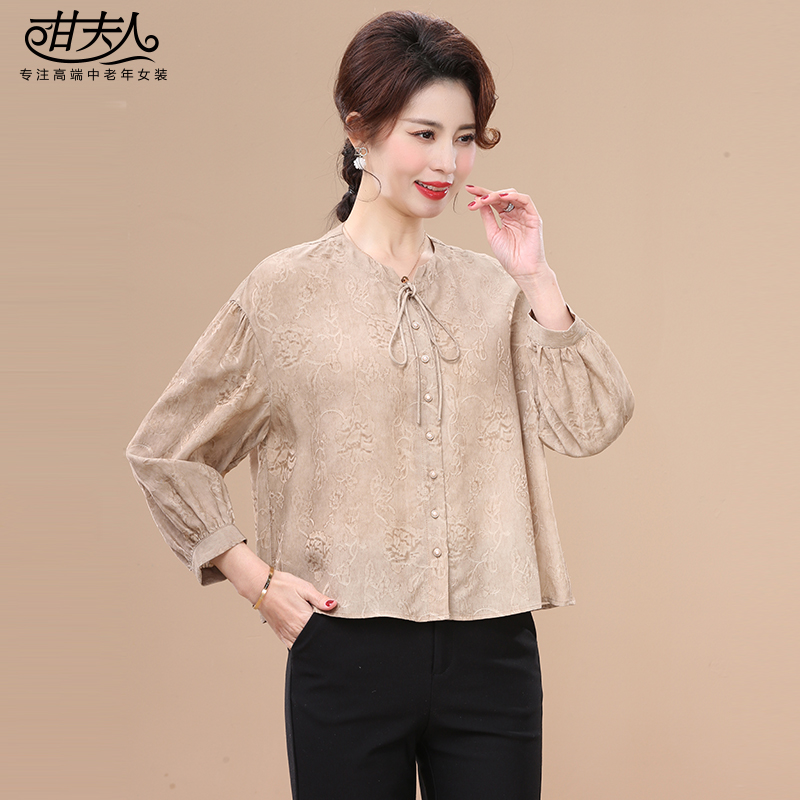 长袖春装衬衫女2025新款中老年妈妈装大码宽松新中式丝缎上衣小衫