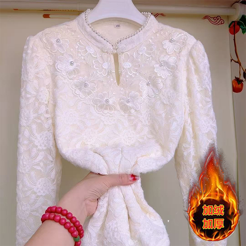 盘扣珍珠领新中式植绒加绒蕾丝立领保暖衬衫遮肉显瘦外穿打底衫女