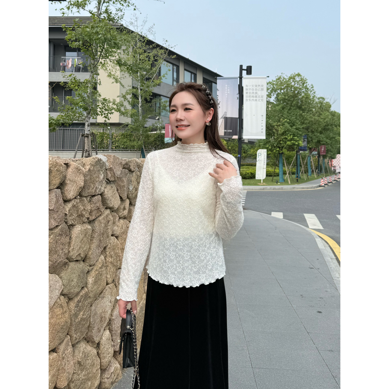 NANJIE/楠姐【诺斯米】秋冬提花绒毛蕾丝法式打底上衣XNS6660