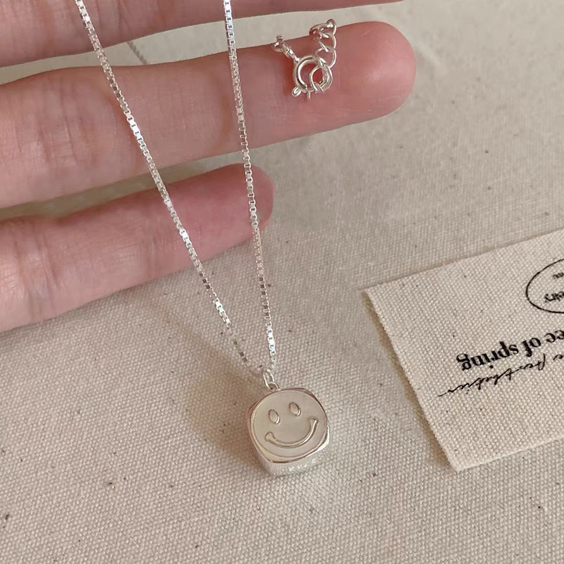坠链均925银 925纯银方块笑脸项链可爱小巧高级简约轻奢时尚百搭