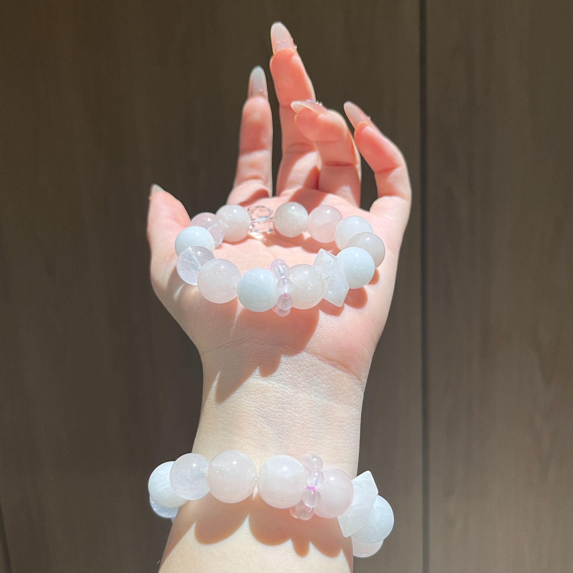 【Lunora】粉水白水招花花天然水晶手串手链12mm设计款007