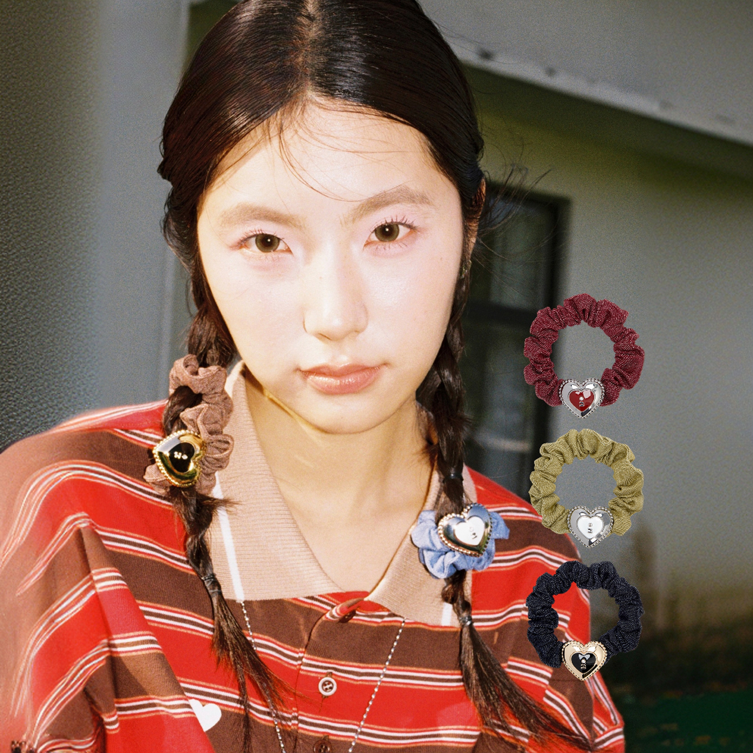 Tagi.奶油爱心金属滴油镶钻复古牛仔发圈发饰