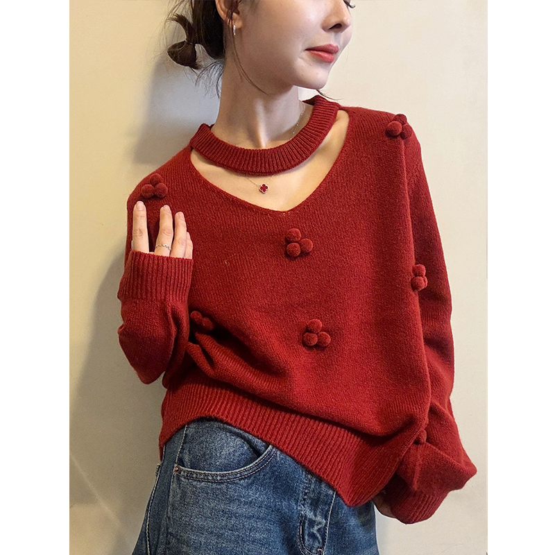 立体花朵挂脖设计感针织衫女冬季新款胖妹妹宽松显瘦气质V领毛衣