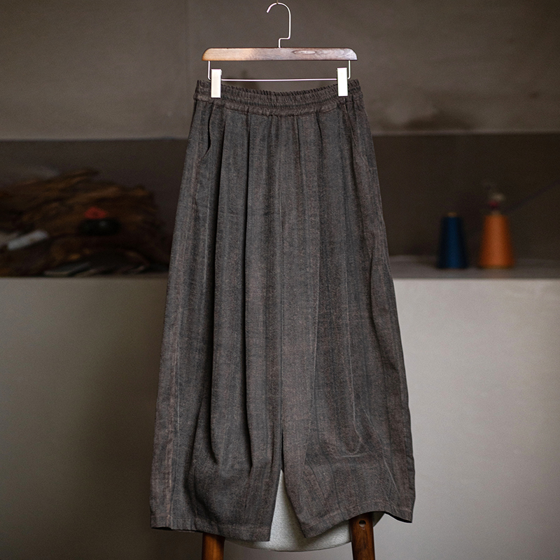 原创女装高腰百搭复古国风宽松文艺百褶休闲裤