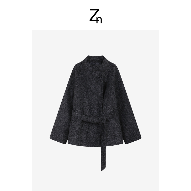 Zn雾灰织纹斜襟廓形外套时尚毛呢秋冬休闲百搭气质A825Z21368