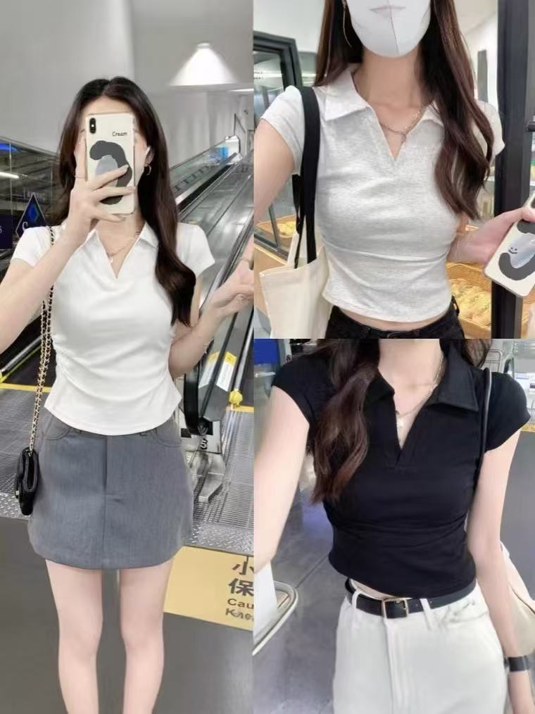 纯棉短款POLO领ins夏季新款辣妹正肩收腰修身设计感小众短袖T恤女