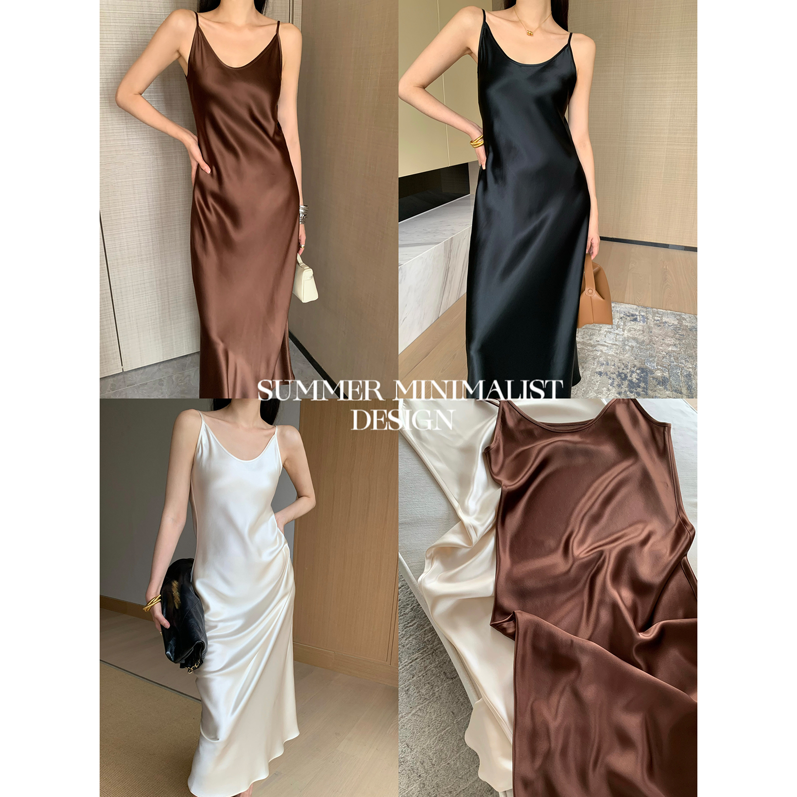 周淼ZHOUMIAO U领斜裁醋酸缎面吊带连衣裙女气质裙子ZM23L5155J