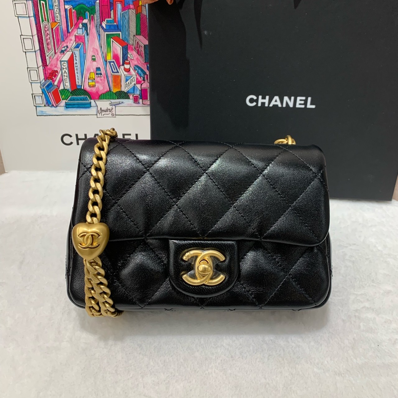99新 Chanel/香奈儿 25C 黑金羊皮爱心调节扣小mini单肩斜挎包