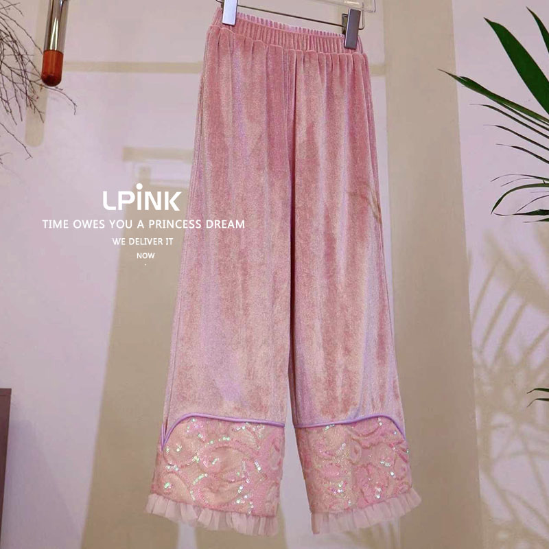 【Lpink 原创】女童秋冬新款丝绒拼接亮片国风加绒裤子93100