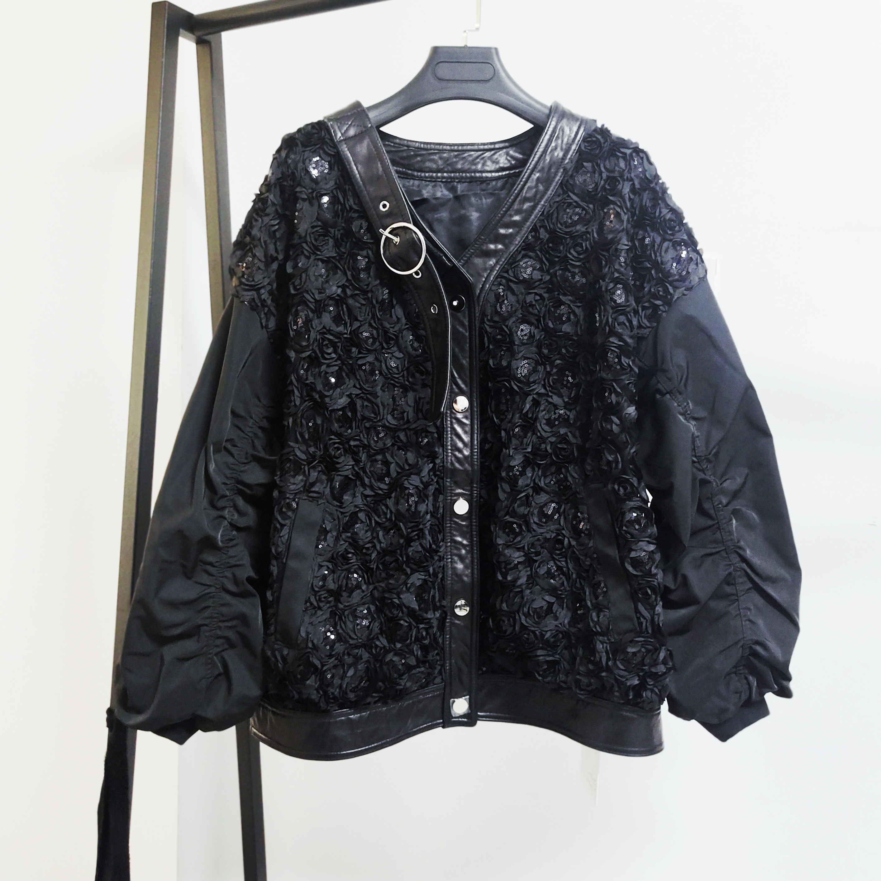 LEDS WG089（089）春秋翻领常规时尚宽松黑色亮片短外套