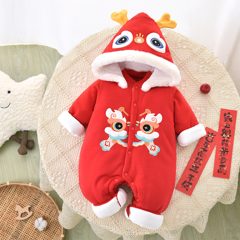 婴儿连体夹棉加厚活帽拜年服新生幼儿爬服宝宝衣服冬装棉衣外出服
