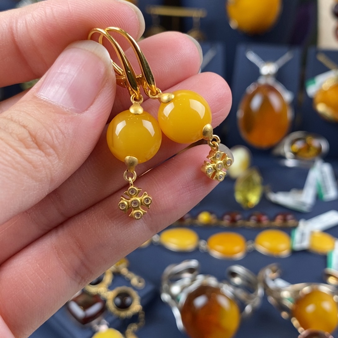 琥珀耳饰银S925镀金镶嵌